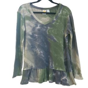 C&C California Long Sleeve Green Space Tie Dye Ruffle Cotton Thermal Top Fall